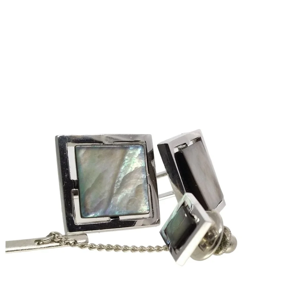 Sarah Coventry Square Abalone Cufflinks Tie Tack Silver Tone Lapel Pin Shell Mod